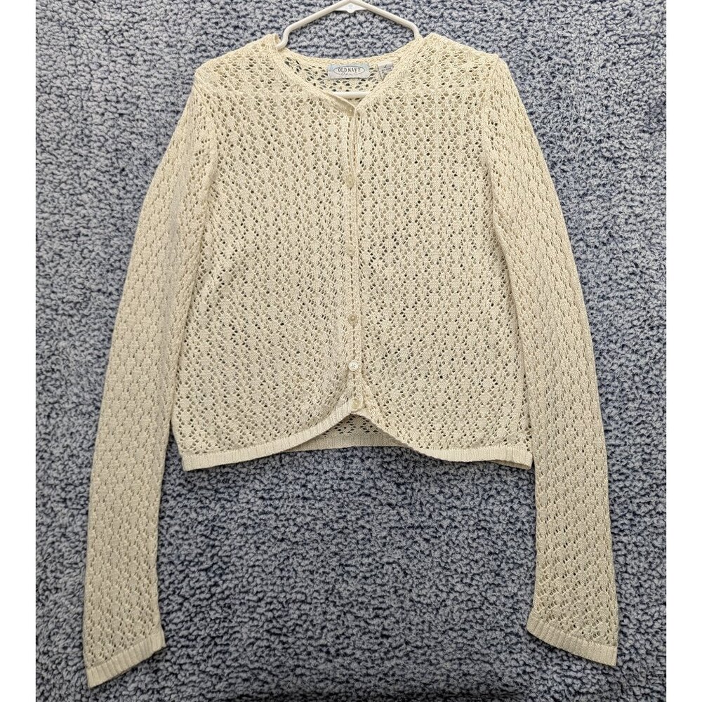 VTG Old Navy Crochet Lace Cardigan Size LG Boho Fisherman Y2K Fairy Preppy Cream